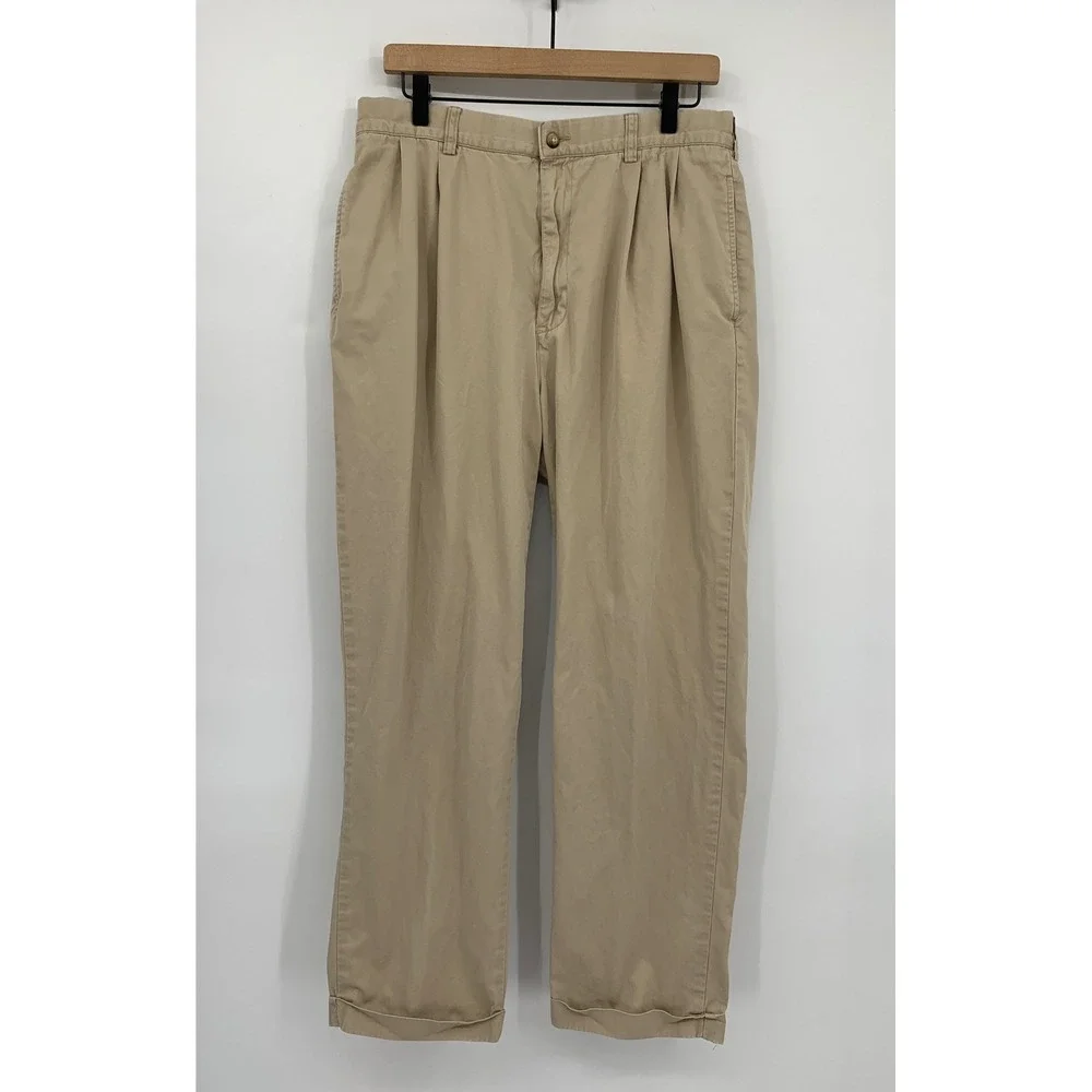 Vintage Polo Ralph Lauren Pants Mens 34x32 Tan Khaki Pleated Cuffed Cotton